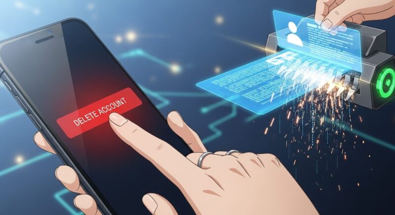 アプリを完全に退会するアカウント削除の重要性を示すアニメ風イラスト。 スマホ画面の「アカウント削除」