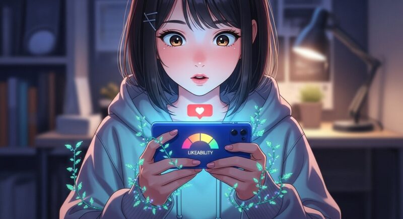 AIチャットの好感度システムによる心理的依存の危険性を描いたアニメ風イラスト。 スマートフォンのハートゲージに夢中になる女性に、画面から伸びるツタが静かに絡みつき、心が蝕まれていく罠を表現しています。