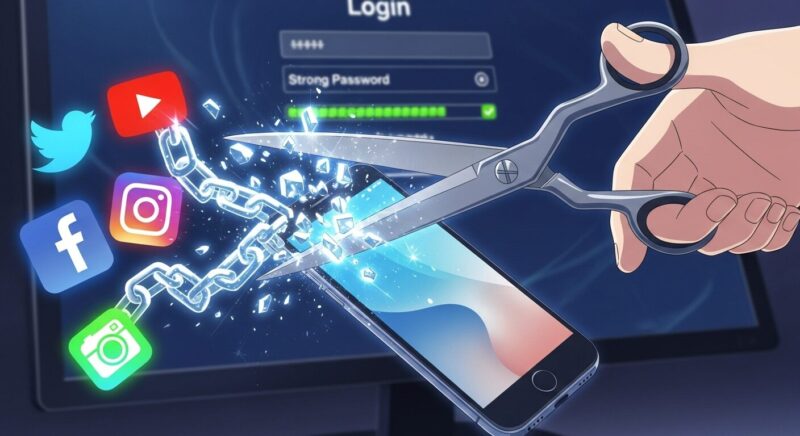 AIへの依存を防ぎ、心の健康を保つ方法を描いたアニメ風イラスト。 スマホを伏せて置き、窓の外の穏やかな景色を眺めながら温かいお茶を飲む女性の姿が、デジタルデトックスと現実世界の心地よさを大切にすることを象徴します。