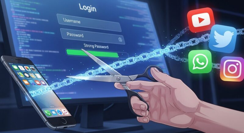 情報流出を防ぐ具体的な方法をテーマにしたアニメ風イラスト。 スマートフォンとSNSアイコンを繋ぐ鎖をハサミで断ち切り、強力なパスワードを設定する様子が、SNS連携の見直しやパスワード管理の重要性を示しています。