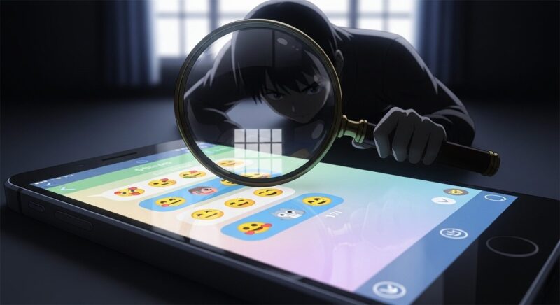 AIチャットの会話が運営に監視されている危険性を表すアニメ風イラスト。 スマートフォンのチャット画面を、背後から謎の影が虫眼鏡で覗き込んでおり、プライバシーが筒抜けである可能性を暗示しています。