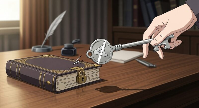 アプリの「非公開」設定が絶対ではないことを示すアニメ風イラスト。 鍵のかかった日記帳（非公開設定の象徴）に、管理者の持つマスターキーが差し迫っており、運営側はアクセス可能であるという事実を暗示します。