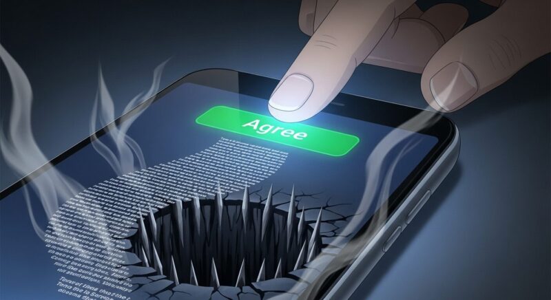 利用規約を読まずに同意する危険性を示すアニメ風イラスト。 スマホの「同意する」ボタンを押そうとする指と、読まれていない長い規約文が落とし穴に変化している様子で、安易な同意に潜むリスクを警告します。