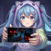 スマートフォンで配信する不安な表情のアニメの少女。スマホの画面はひび割れており、その隙間から不気味な影が覗いている様子が、ネットの危険を象徴している。