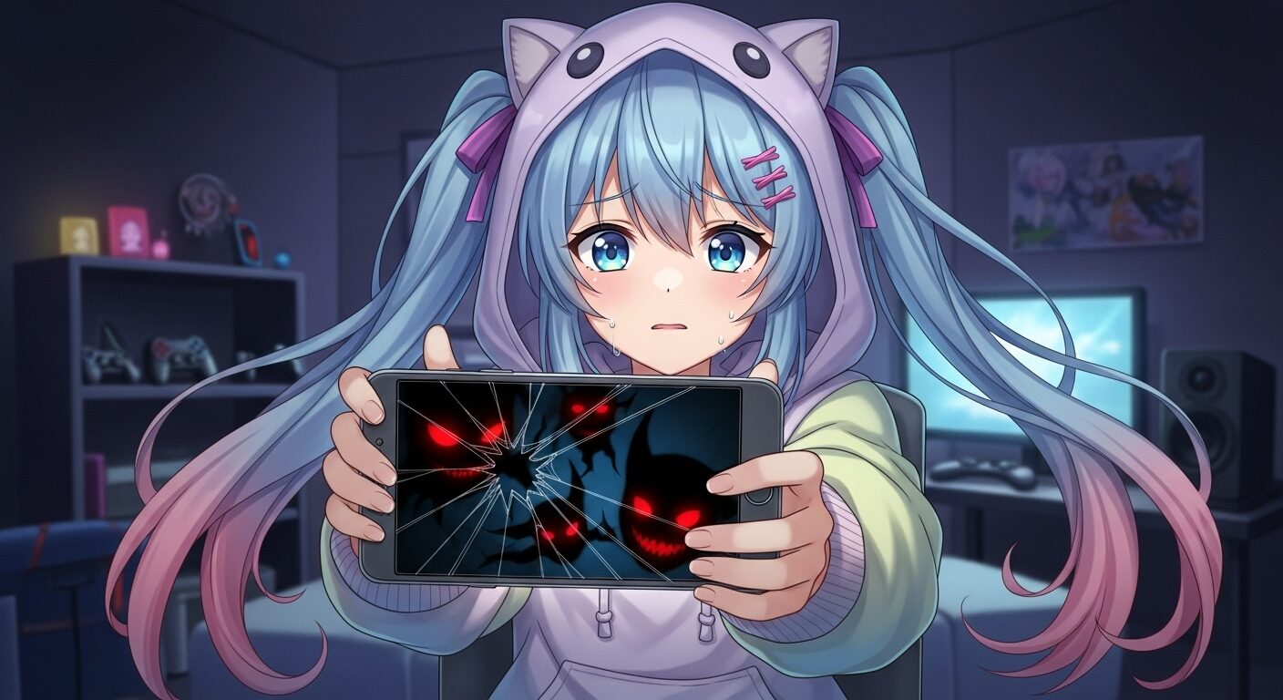 スマートフォンで配信する不安な表情のアニメの少女。スマホの画面はひび割れており、その隙間から不気味な影が覗いている様子が、ネットの危険を象徴している。