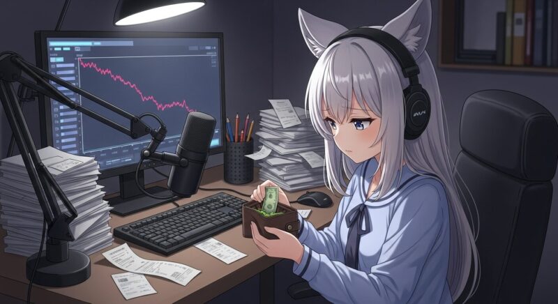配信機材の前で、空っぽに近い財布を見て悲しんでいるアニメの少女。モニターのグラフは下降し、机には請求書が散らばっており、Vライバー活動の金銭的な厳しさを表現している。