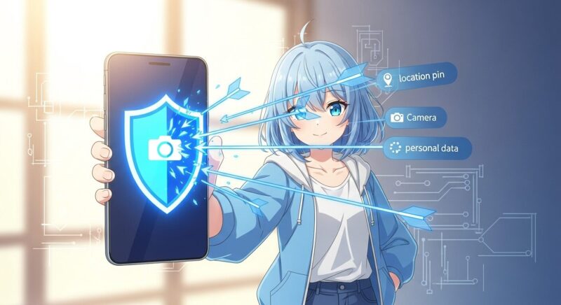 スマートフォンを盾のように構える、自信に満ちた表情のアニメの少女。スマホの盾が「位置情報」や「個人情報」と書かれた矢を防いでおり、適切な設定で身を守れることを象徴している。