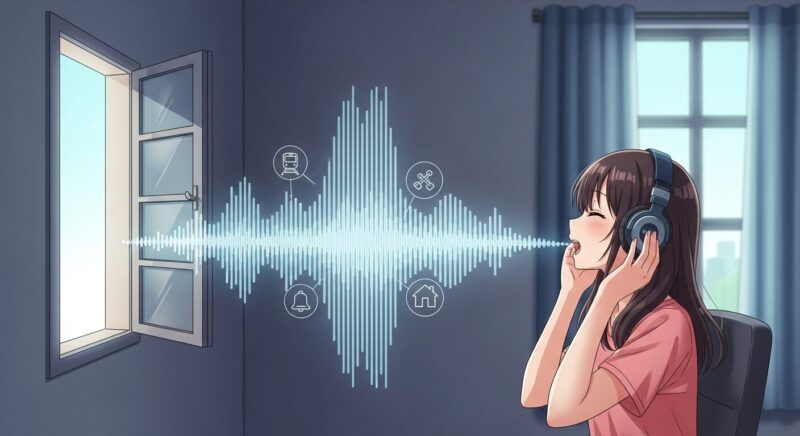 ヘッドフォンをして配信するアニメの少女。彼女の口から出た音の波には、電車や学校のアイコンが含まれており、生活音から個人情報が漏れる危険性を象徴している。