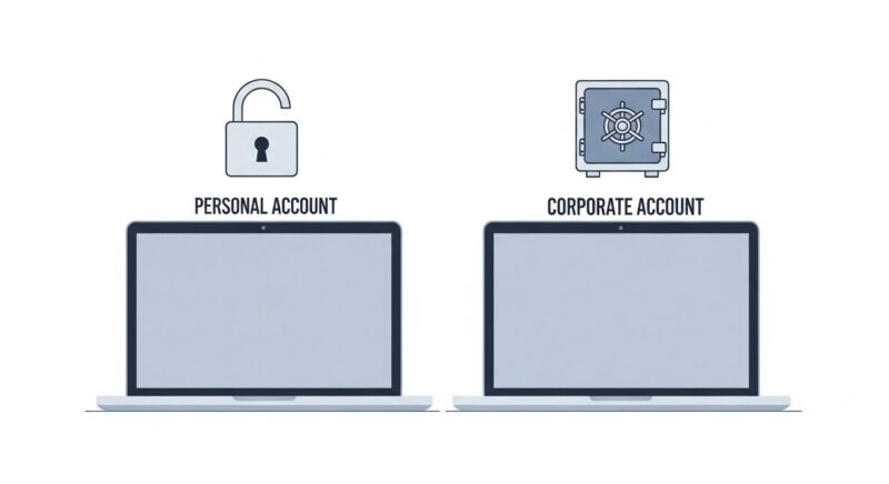 個人アカウントと法人アカウントのセキュリティレベルの違いを示すイラスト。開いた南京錠のPCと、頑丈な金庫のアイコンがついたPCが並んでいます。