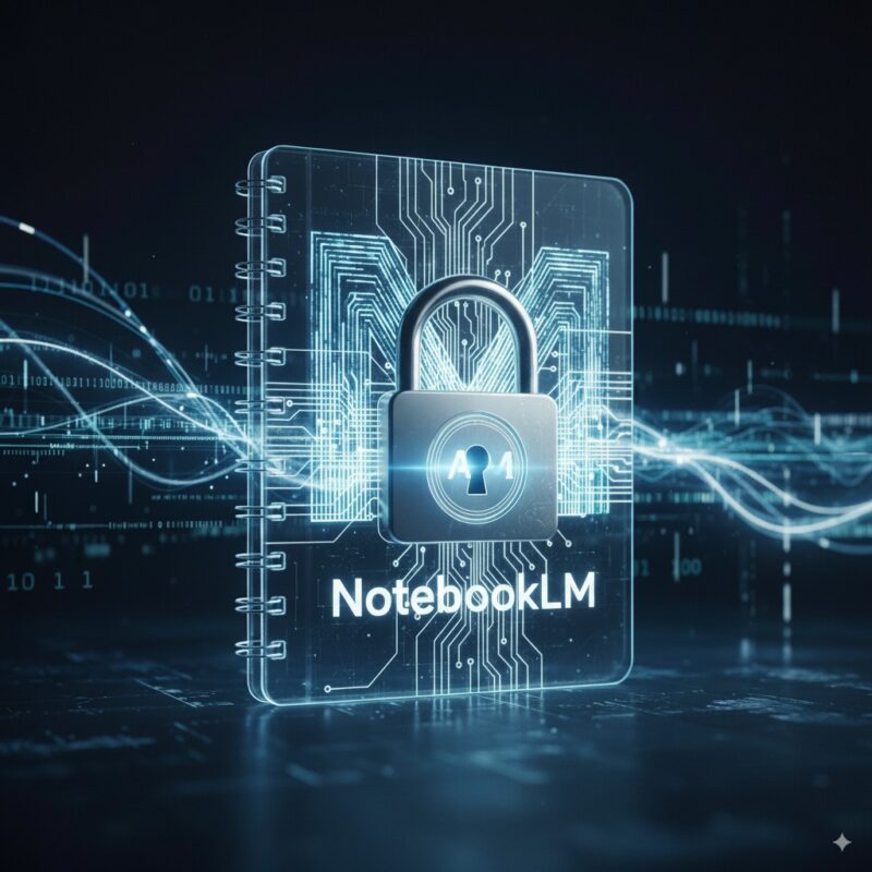 AIと情報セキュリティを象徴する抽象的な画像。中央に輝くデジタルノートブックと洗練された南京錠が描かれ、データの安全な保護を表現しています。