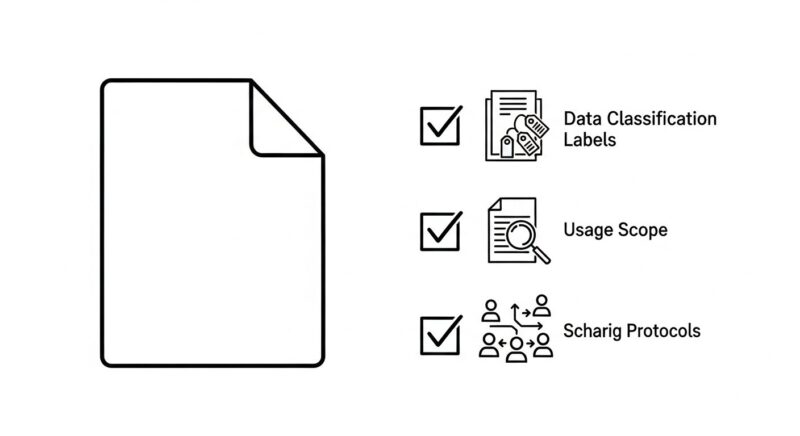 社内でのAI利用ルールを象徴するイラスト。中央の資料アイコンの横に、情報分類・利用範囲・共有方法を示すアイコンがチェックリストとして並んでいます。