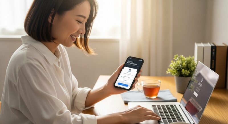 明るい自宅で、二段階認証を設定するなど、安心してスマートフォンとパソコンを操作している人の画像。未来のセキュリティ対策を象徴している。