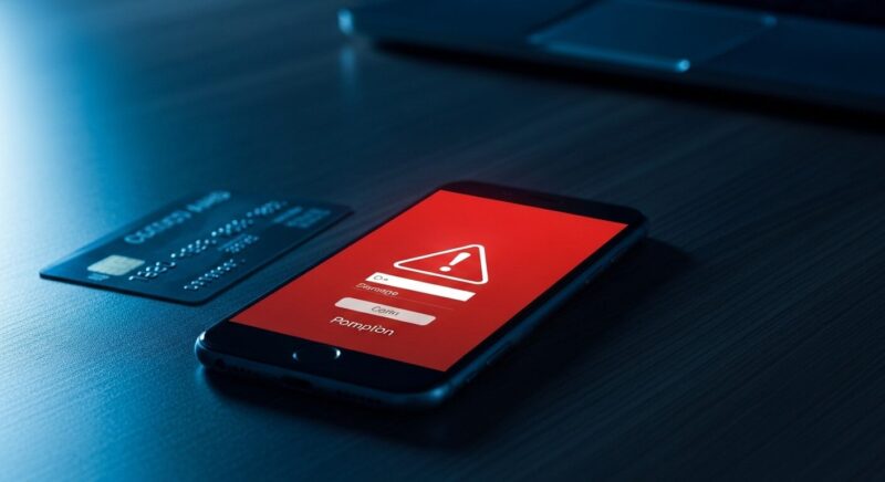フィッシング詐欺に遭い、セキュリティ警告が表示されたスマートフォンとクレジットカードを前に、不安な状況を表現した画像。