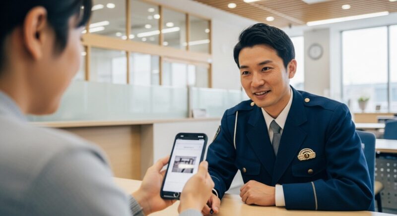 フィッシング詐欺の被害について、警察署の相談窓口で安心した表情で相談している人の画像。公的機関を頼る重要性を示している。