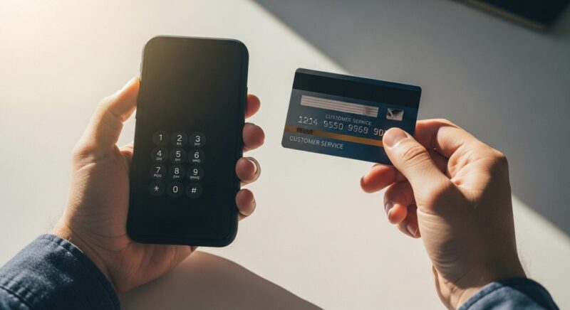 フィッシング詐欺に気づき、クレジットカード裏面の緊急連絡先に急いで電話をかけている様子。被害を食い止めるための最初の行動を表現した画像。