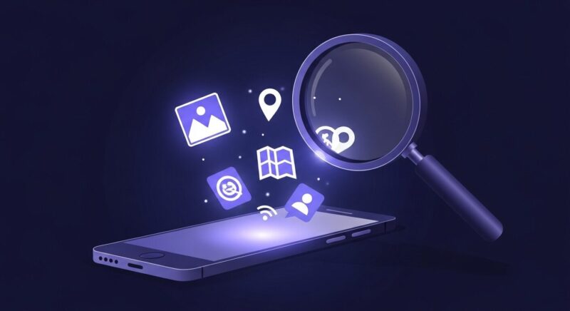 SNSでの身バレ危険性を象徴するイラスト。スマートフォンから漏洩する個人情報を虫眼鏡が監視しており、ネット上のプライバシーリスクを警告しています。