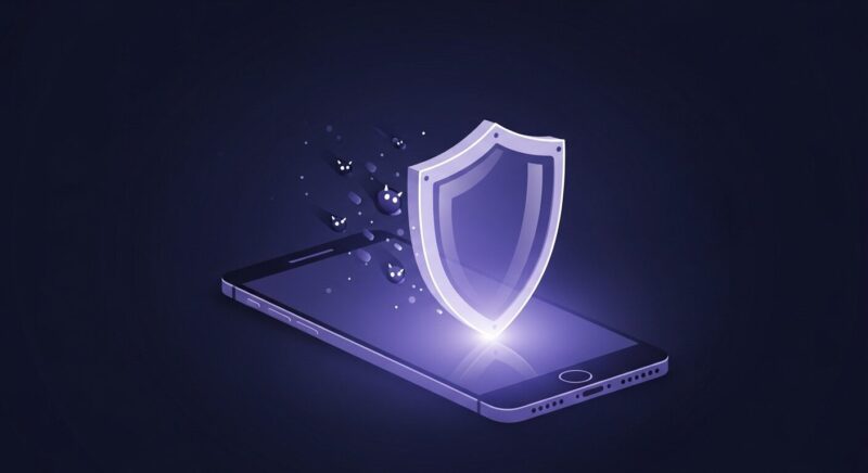 SNSの自己防衛策を象徴するイラスト。スマホを保護する輝く盾が、外部の脅威を弾いている様子を描写。セキュリティ設定による安全対策の重要性を示しています。