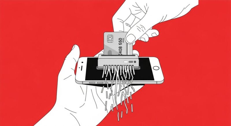 スマートフォンの画面がシュレッダーになっており、クレジットカードが吸い込まれていくイラスト。カード情報の危険性を表現。