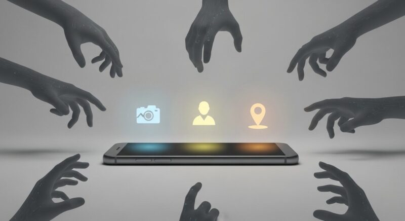 スマートフォンの上にある個人情報を象徴するアイコンを、たくさんの怪しい影の手が掴もうとしているイラスト。