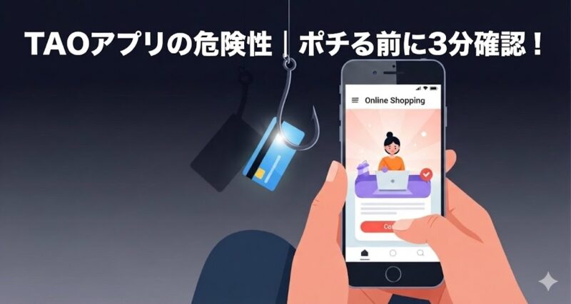 マートフォンでネットショッピングをする人のイラスト。スマホの裏からは、クレジットカードを吊るした不気味な釣り針が伸びている様子。