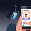スマートフォンでネットショッピングをする人のイラスト。スマホの裏からは、クレジットカードを吊るした不気味な釣り針が伸びている様子。