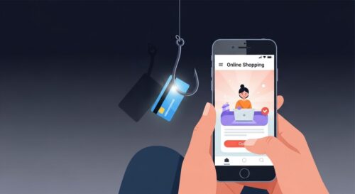 スマートフォンでネットショッピングをする人のイラスト。スマホの裏からは、クレジットカードを吊るした不気味な釣り針が伸びている様子。
