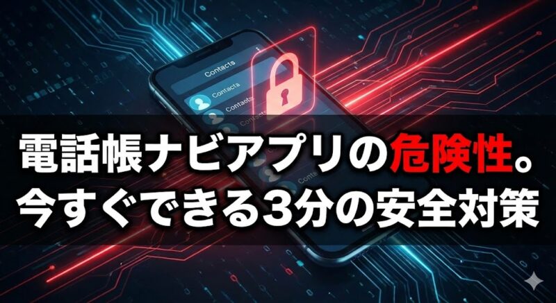 電話帳ナビアプリの危険性を象徴するイラスト。スマートフォンの連絡先リストの上に表示された警告マークが、個人情報漏洩のリスクとセキュリティ設定の重要性を示唆しています。