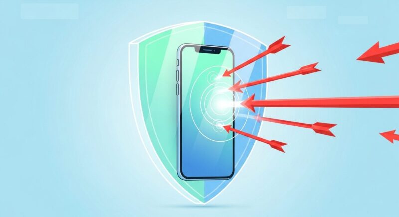 スマートフォンを赤い脅威の矢から守っている、輝く盾のイラスト。情報セキュリティ対策によって個人情報が保護されている様子を表現。フィッシング詐欺からの防御を象徴する画像。