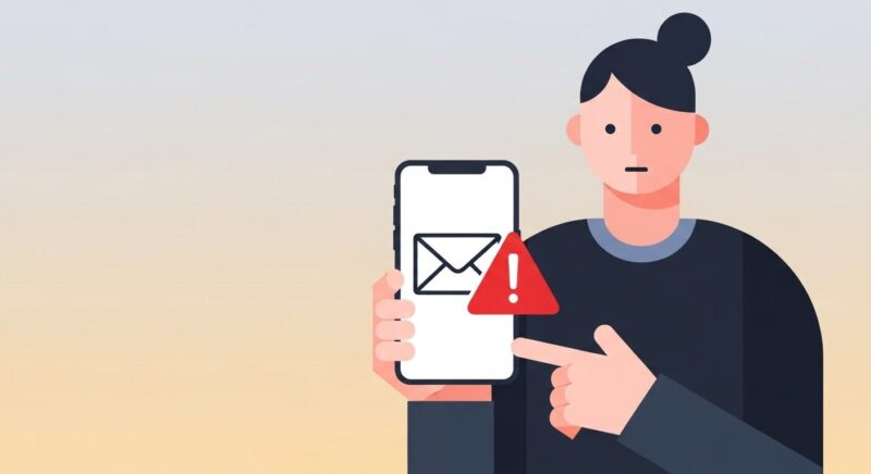 スマートフォンを手に持ち、画面に表示された警告付きのメール通知を慎重に確認している様子のイラスト。東京ガスの迷惑メールやフィッシング詐欺への注意喚起を促すブログ記事のアイキャッチ画像。