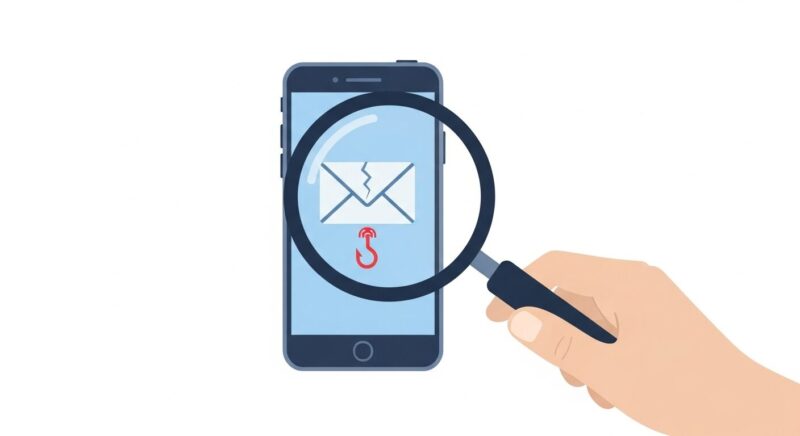 スマートフォンの画面に表示されたメールアイコンを虫眼鏡で覗き込んでいるイラスト。アイコンにはひびが入り、中から釣り針が見えている。フィッシング詐欺の巧妙な手口を表現した画像。