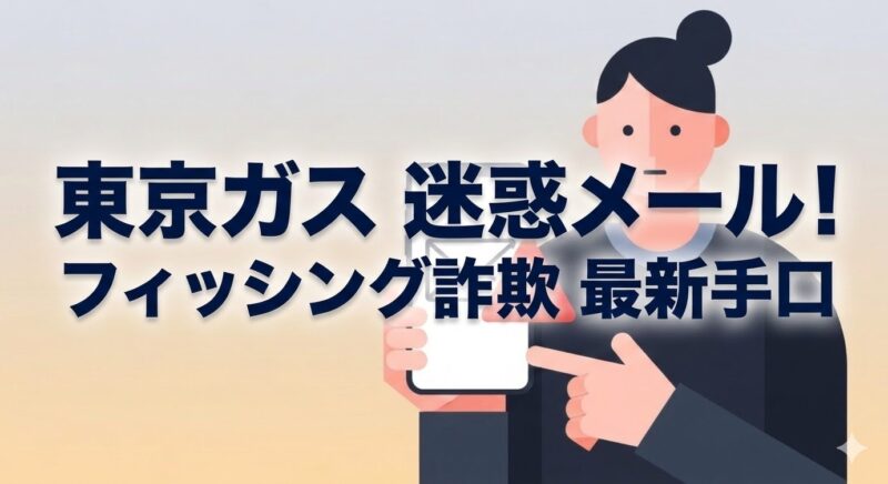 スマートフォンを手に持ち、画面に表示された警告付きのメール通知を慎重に確認している様子のイラスト。東京ガスの迷惑メールやフィッシング詐欺への注意喚起を促すブログ記事のアイキャッチ画像。