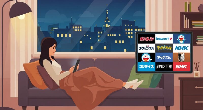 VPNを使って海外で日本のエンタメを楽しむ女性のイラスト。夜景の見える部屋のソファでくつろぎながら、タブレットで日本のテレビ番組を見ている様子。
