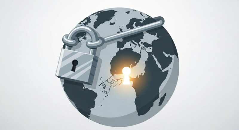 ジオブロック(地域制限)の概念図。中央の地球儀に大きな錠前がかかっており、日本の部分だけが鍵穴として光っているイラスト。海外からのアクセスがブロックされている様子を表現。