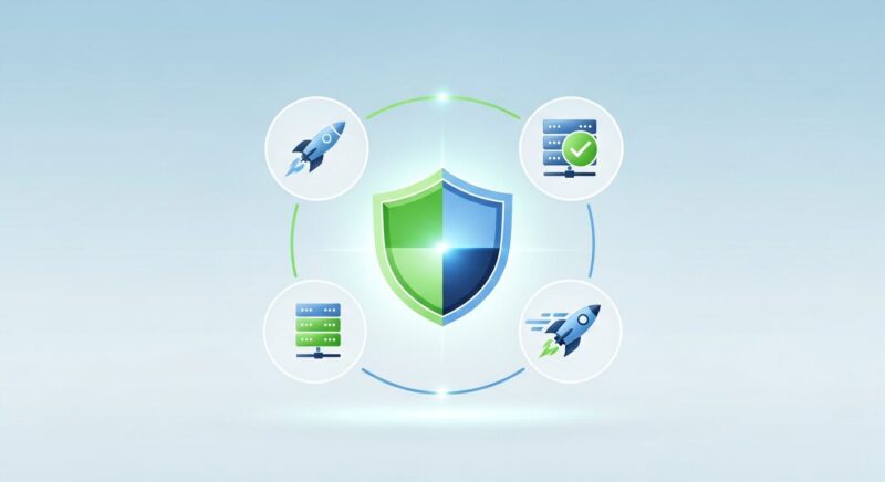 NordVPNの3つのメリット(高速・安全・確実)を表現したアイコンイラスト。中央にセキュリティを示す盾、周りに高速通信を示すロケットと確実性を示すサーバーが配置されている。