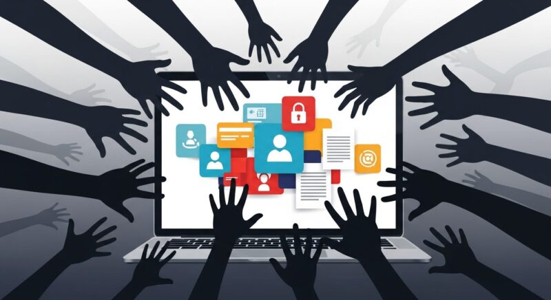 無料VPNによる情報漏洩の危険性を表現したイラスト。ノートパソコンの画面からクレジットカード情報を盗み出そうとする多数の怪しい手が描かれている。