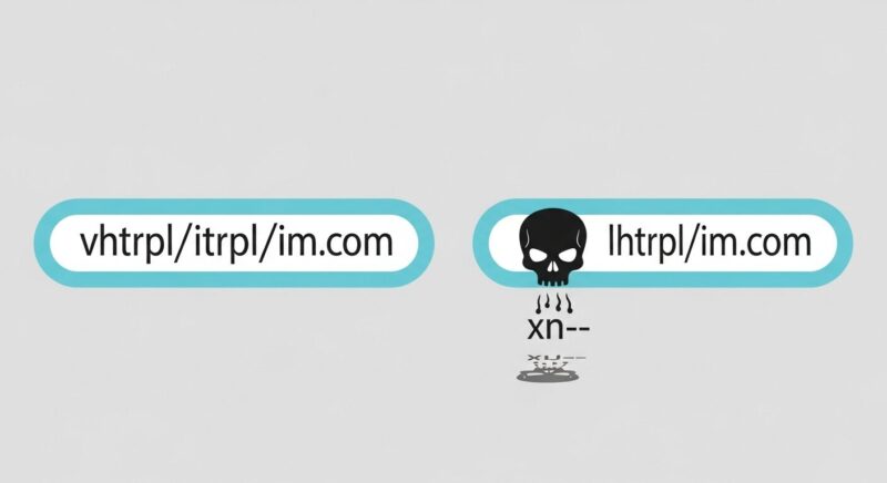 見た目が同じ2つのURLが並び、片方の影にドクロマークが浮かんでいるイラスト。フィッシング詐欺で使われるURLの巧妙な偽装(ホモグラフ攻撃)を示している。