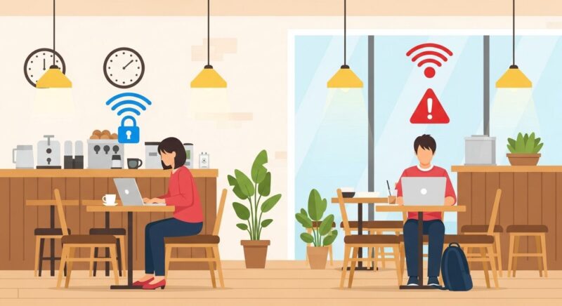 カフェでノートパソコンを使う人の上に安全と危険を示すWi-Fiアイコンが浮かぶ、スタバWi-Fiの安全性を表現したイラスト。