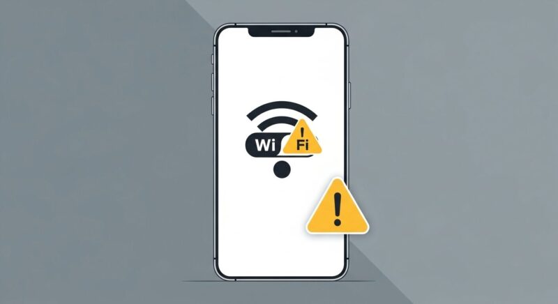 iPhoneの画面にWi-Fiの警告マークが表示された、安全性の低い通信を示すイラスト。
