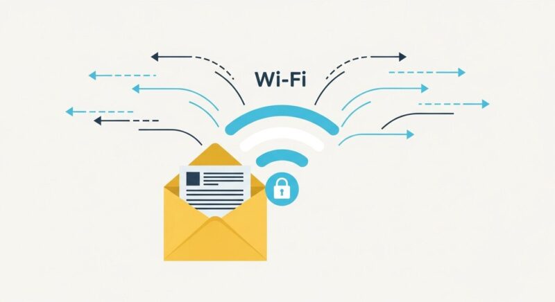 暗号化されていないWi-Fi通信を象徴する、鍵なしのWi-Fiアイコンとデータが流れるイラスト。