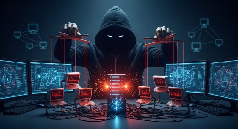 ハッカーが複数のパソコンを操り人形のように遠隔操作し、特定のサーバーを集中攻撃させているイラスト。サイバー攻撃の「踏み台」にされ、ユーザーが意図せずDDoS攻撃の加害者になってしまう危険性を示しています。