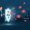 サイバー攻撃の脅威を示す赤いアイコンから、光る盾でスマートフォンを守っている様子のイラスト。背景には工場のシルエットが描かれ、企業のサイバー攻撃が個人にも及ぶ危険性と、セキュリティ対策の重要性を象徴しています。