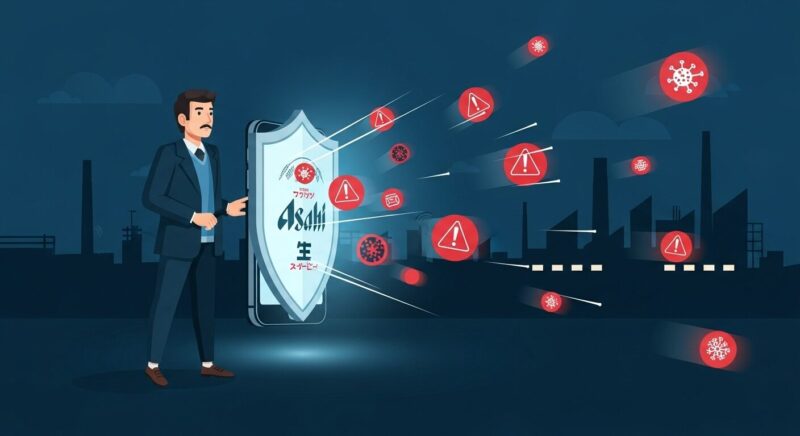 サイバー攻撃の脅威を示す赤いアイコンから、光る盾でスマートフォンを守っている様子のイラスト。背景には工場のシルエットが描かれ、企業のサイバー攻撃が個人にも及ぶ危険性と、セキュリティ対策の重要性を象徴しています。