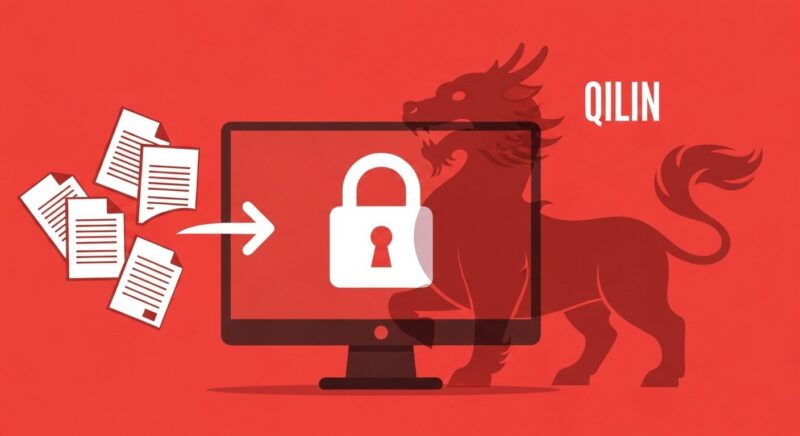 パソコンのデータに鍵がかけられ（暗号化）、同時にそのデータが外部へ盗み出されている（情報窃取）様子を示すイラスト。「二重恐喝」型ランサムウェアの、データを人質に取りながら暴露もすると脅す悪質な手口を象徴しています。