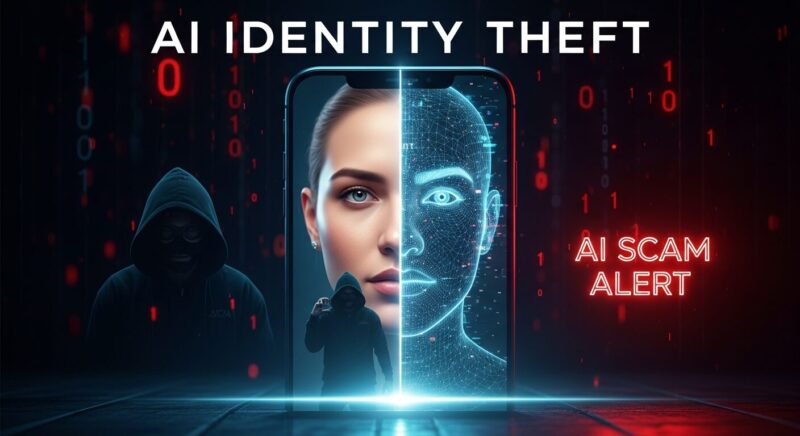 暗闇で光るスマートフォンの画面。画面には人間とデジタルのワイヤーフレームが混ざった不気味なディープフェイクの顔が表示されており、背後にハッカーの影が映り込んでいる。AI詐欺と個人情報流出の恐怖を象徴するイメージ。