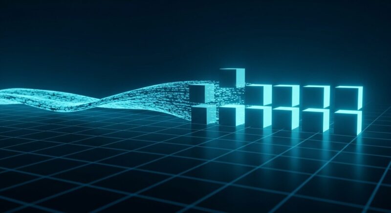 ブロック暗号の仕組みを解説する画像。滑らかなデータのストリームが、複数の均一な大きさのブロック(立方体)に分割されていく様子を未来的なデザインで表現している。