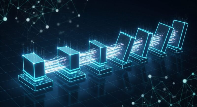 ブロック暗号のCBCモードの仕組みを解説する画像。前のブロックの暗号化結果が、次のブロックに鎖のように連なって影響を与えていく「連鎖」の様子をダイナミックに表現している。