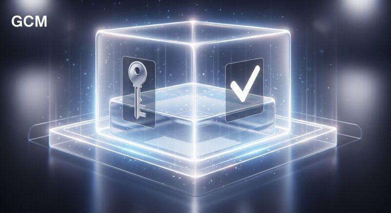 認証付き暗号GCMモードを解説する画像。データブロックが、鍵のアイコン(機密性)とチェックマークのアイコン(完全性)が浮かんだエネルギーシールドで守られている様子。