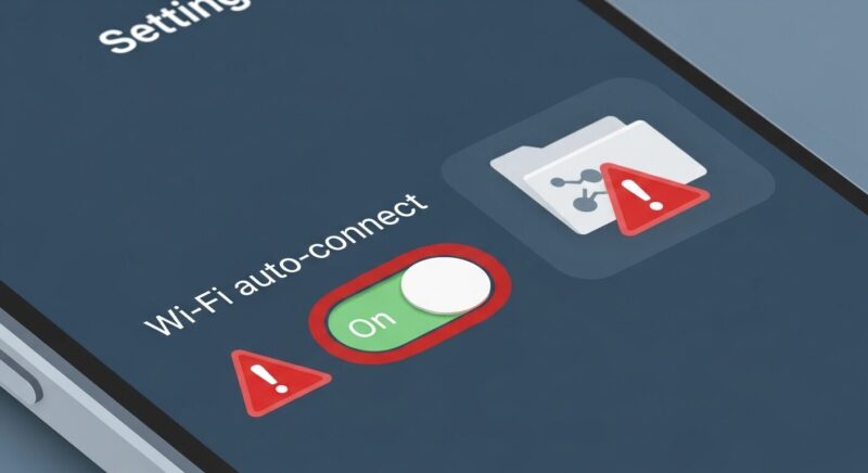 スマートフォンの設定画面で、「Wi-Fi自動接続」がオンになっている様子を示すイラスト。カフェでのWi-Fi利用におけるNG行動を説明する画像。