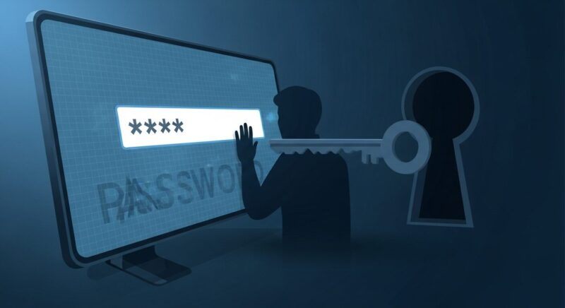 パスワード入力画面を、鍵穴から覗き込む怪しい影。フリーWi-Fiのパスワードが共有されていることの危険性(傍受)を象徴するイラスト。