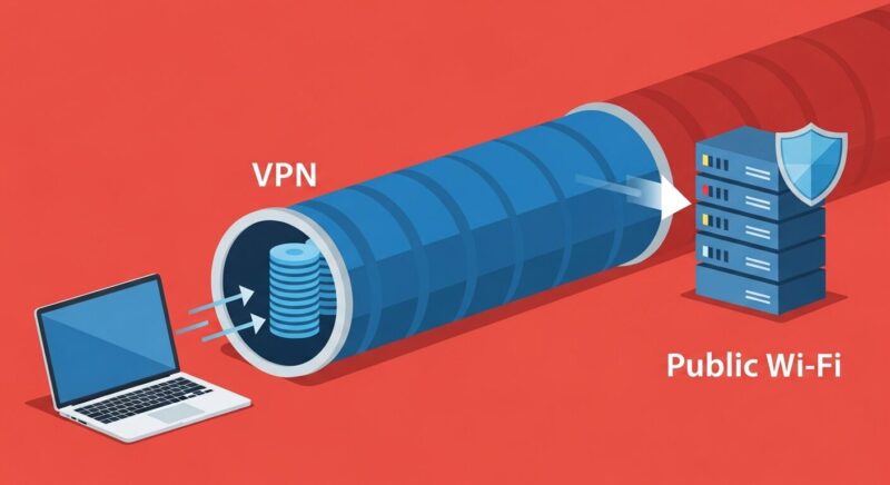 ノートパソコンとサーバーが、安全な青いトンネル(VPN)で接続されているイラスト。危険な公衆Wi-Fi空間を通過する様子を描き、鉄壁の防御テクニックを象徴する。